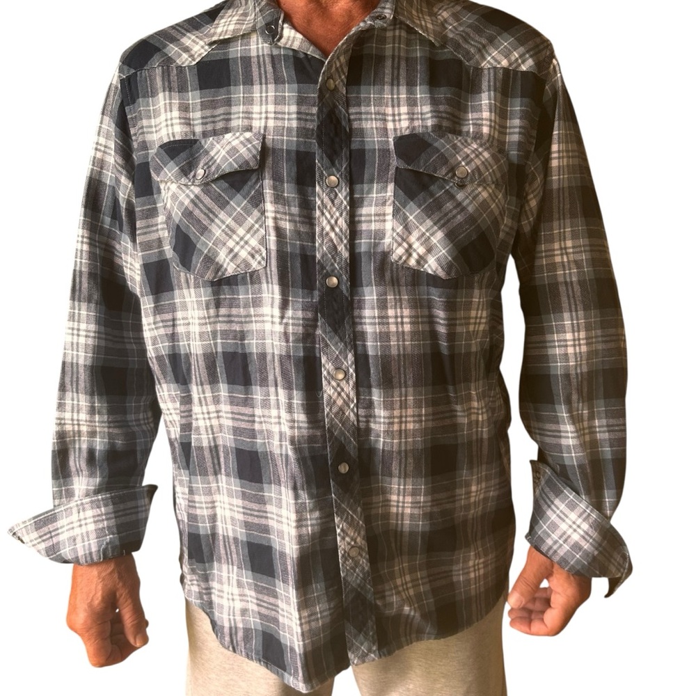 British Invasion mens plaid pearl snap shirt size XL blue white western rodeo